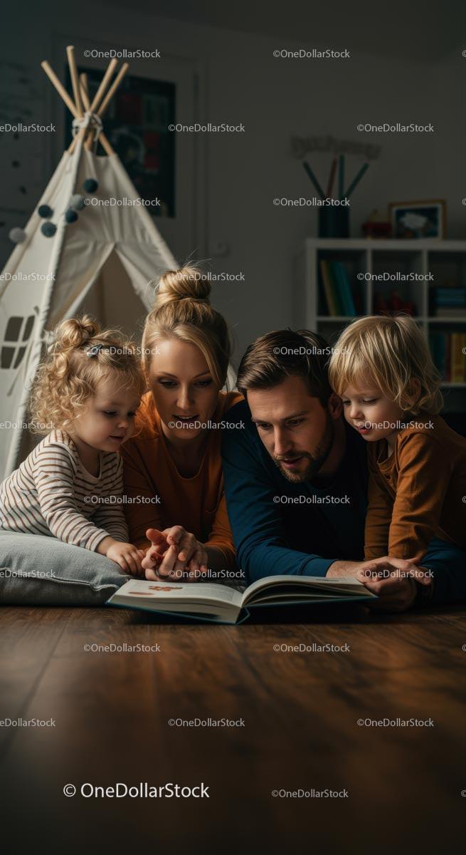 Family Reading Time in Cozy Evening Setting