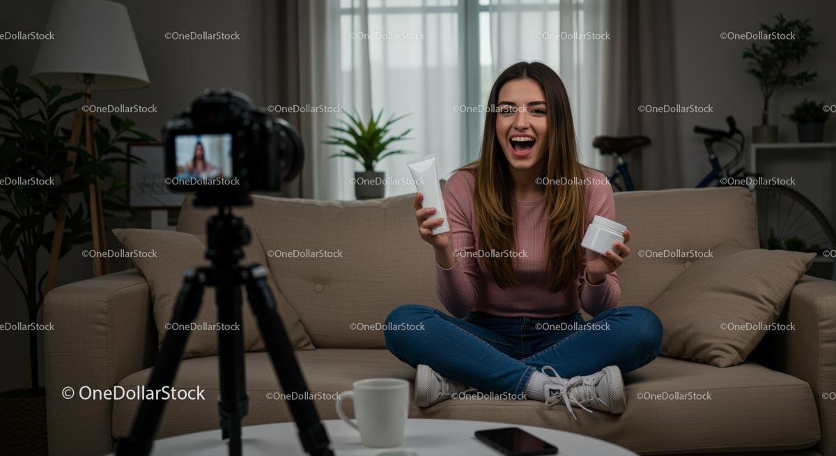 Beauty Vlogger Filming Skincare Tutorial in Cozy Home Stock Photo Bundle preview