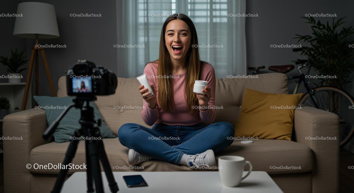 stock photo bundle made with Beauty Vlogger Filming Skincare Tutorial in Cozy Home Stock Photo Bundle