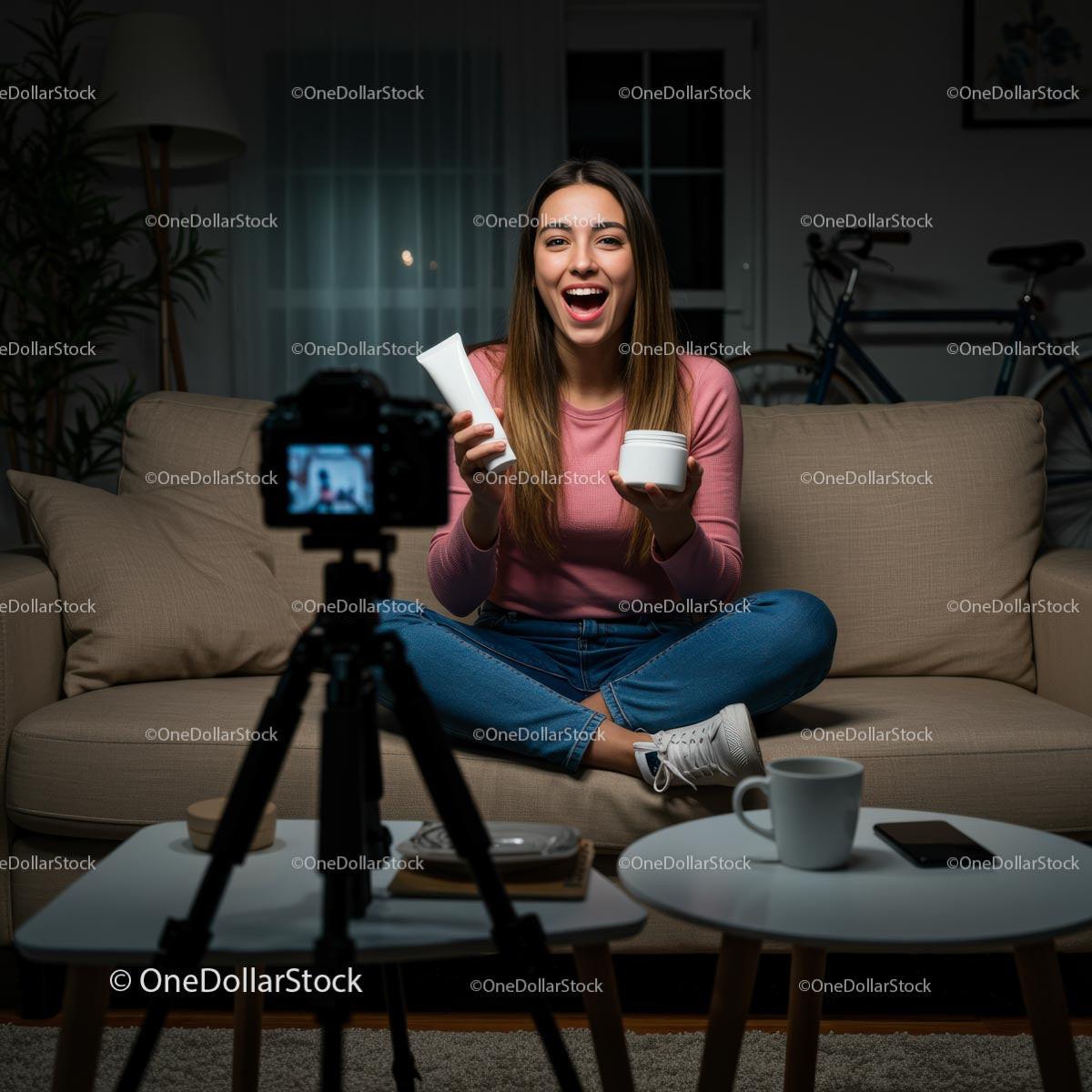Beauty Vlogger Recording a Skincare Product Review at Home