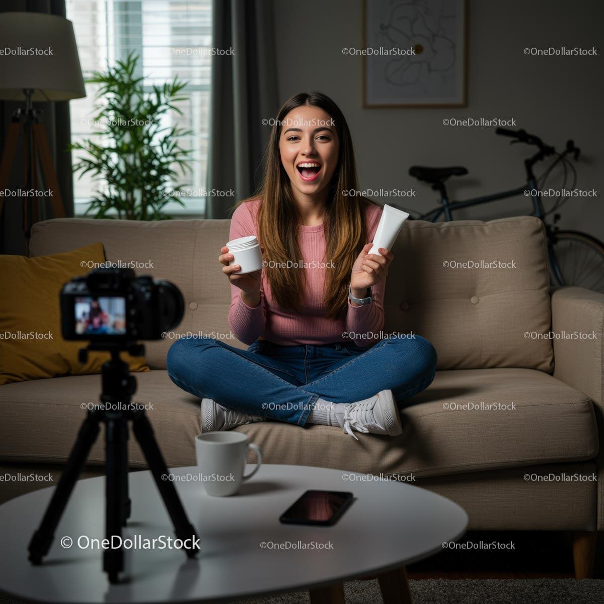 Beauty Vlogger Filming Skincare Tutorial in Cozy Home Stock Photo Bundle preview 7