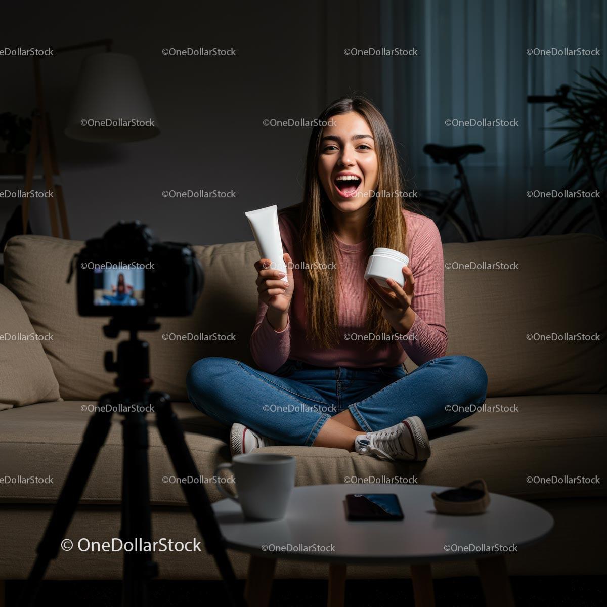 Young Woman Filming Beauty Vlog with Skincare Products