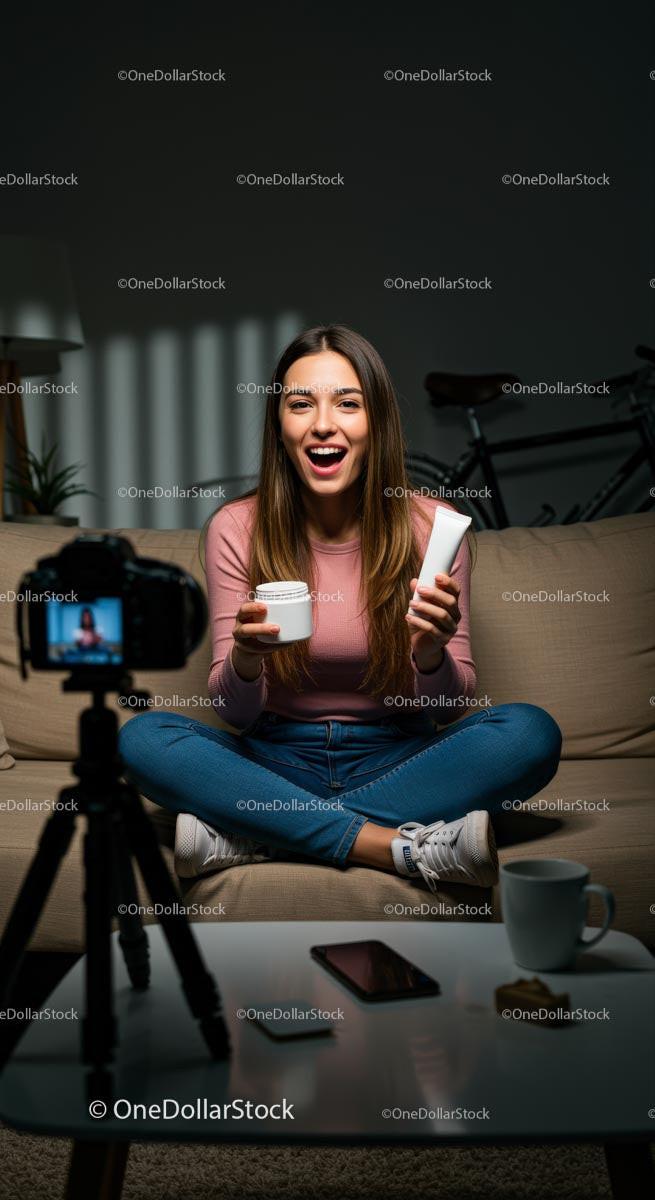 Beauty Vlogger Filming Skincare Tutorial in Cozy Home Stock Photo Bundle preview 9