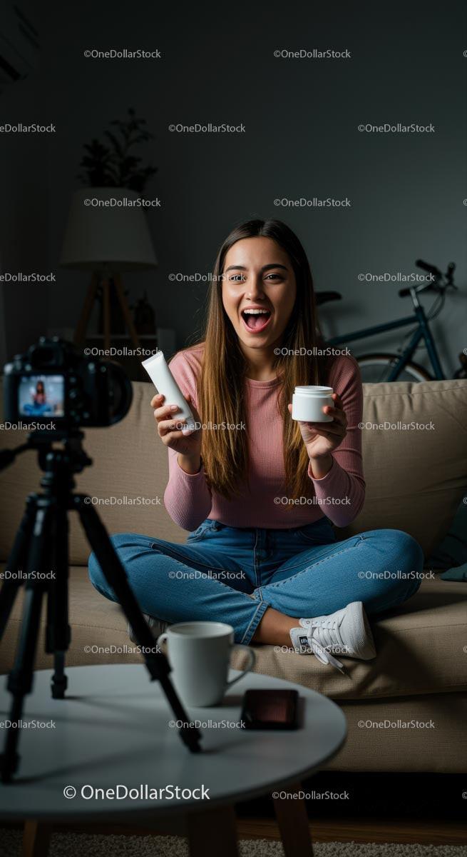 Smiling Influencer Reviewing Skincare Products at Home