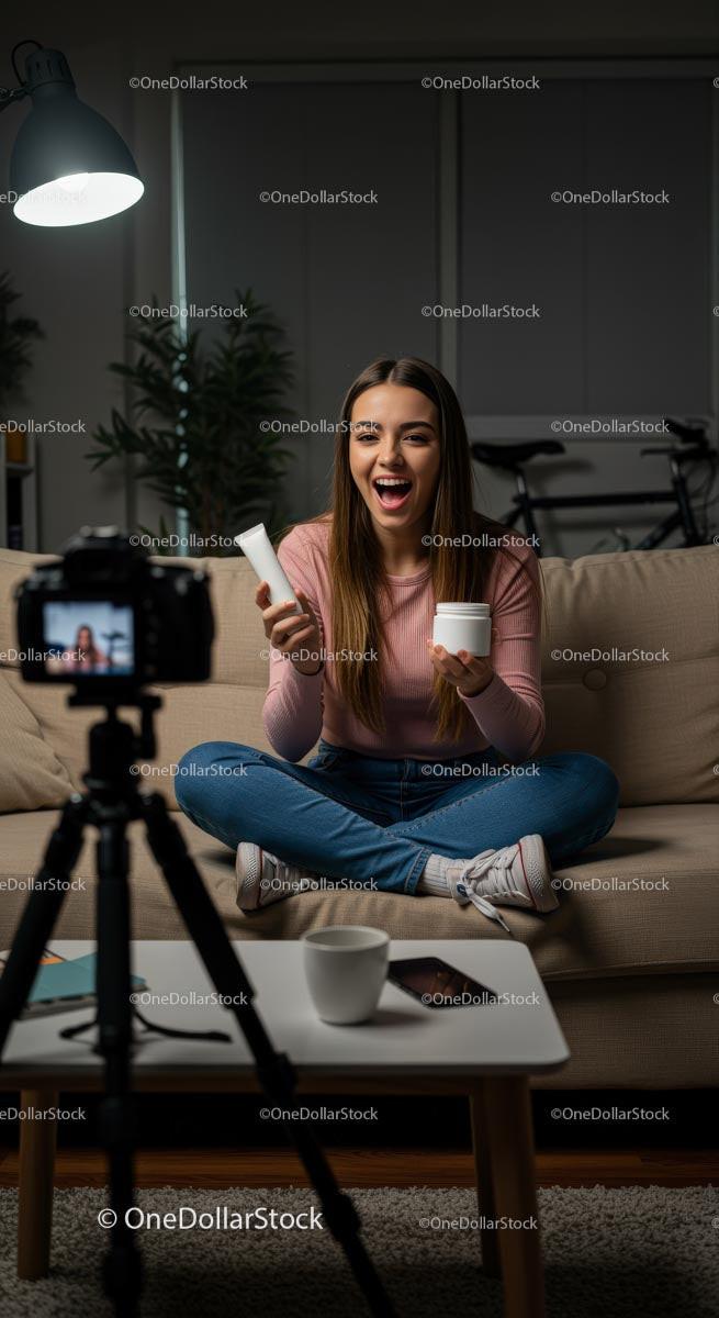 Beauty Vlogger Filming Skincare Tutorial in Cozy Home Stock Photo Bundle preview 12