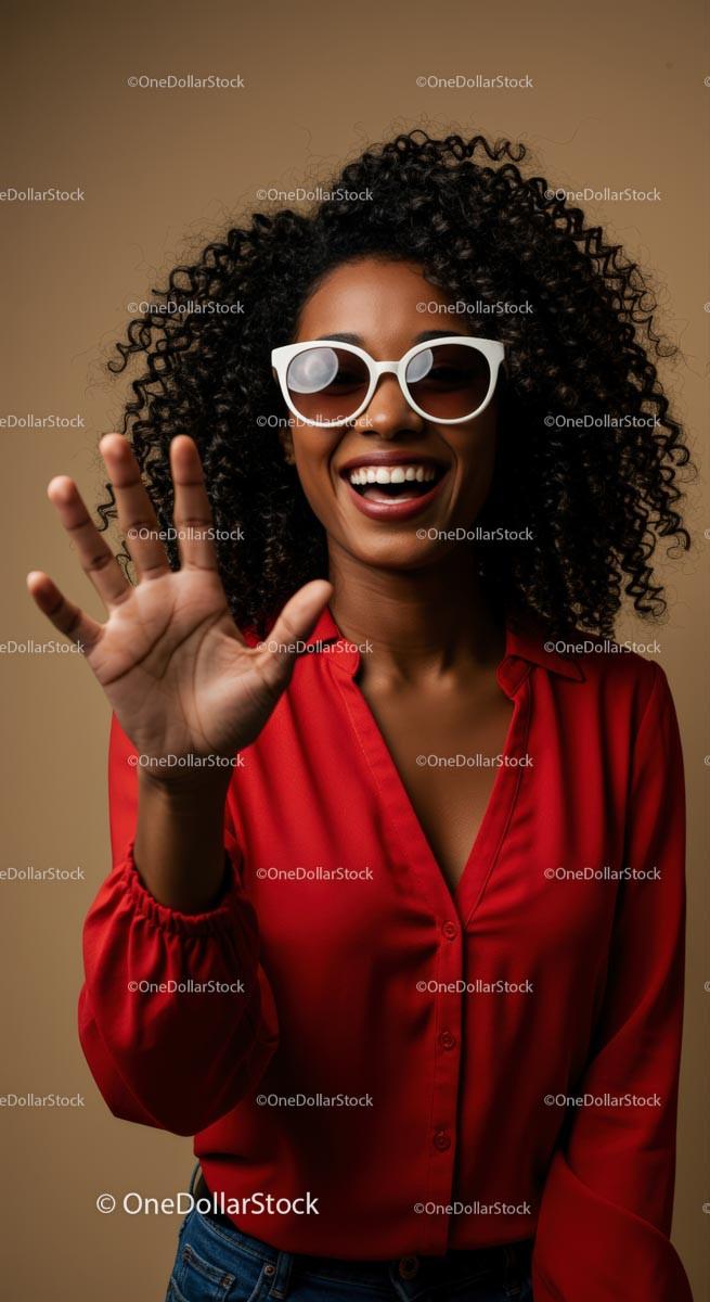 Smiling Woman in Red Blouse and Sunglasses, Waving