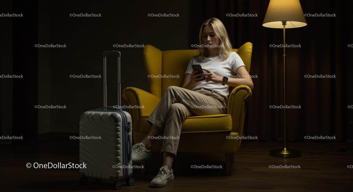 Woman Relaxing in Yellow Armchair with Suitcase and Smartphone