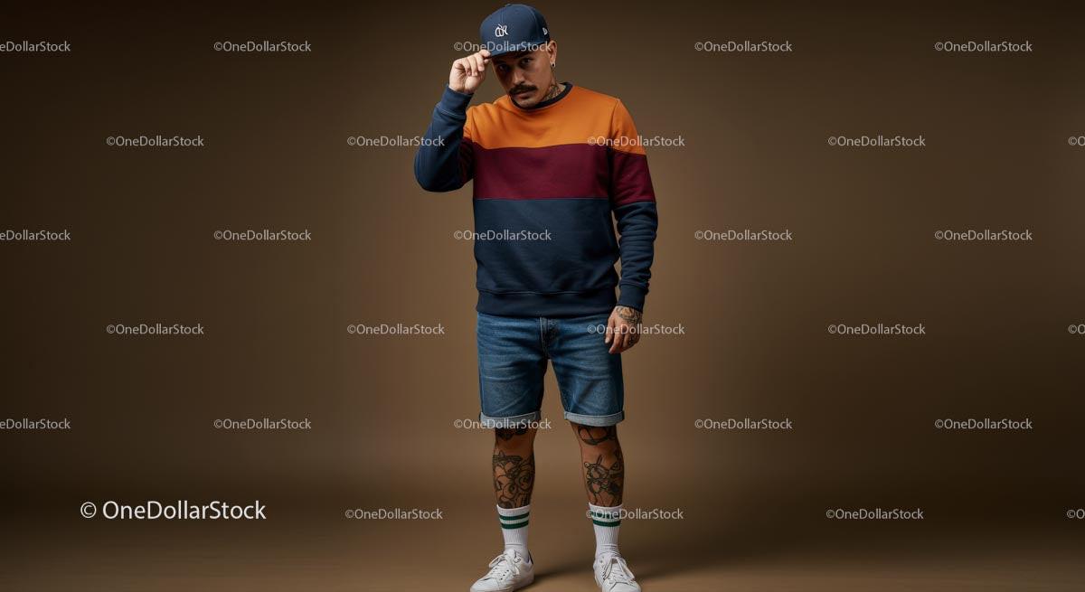 Trendy Man in Colorful Sweatshirt and Denim Shorts