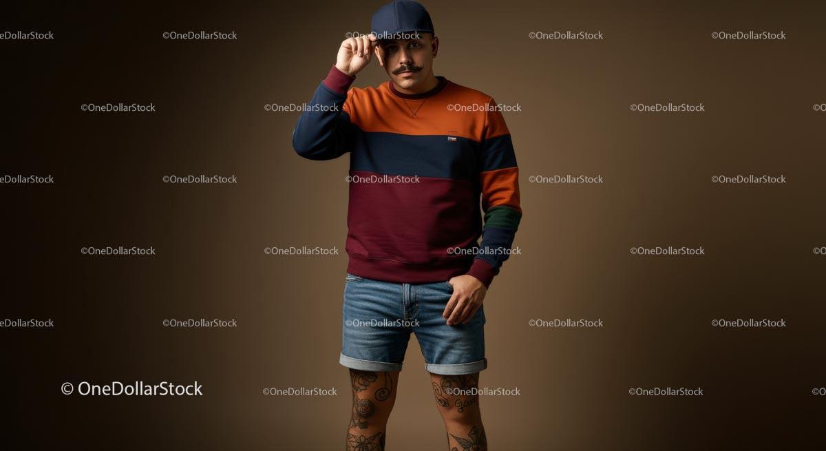 Fashionable Man in Colorful Sweater and Denim Shorts