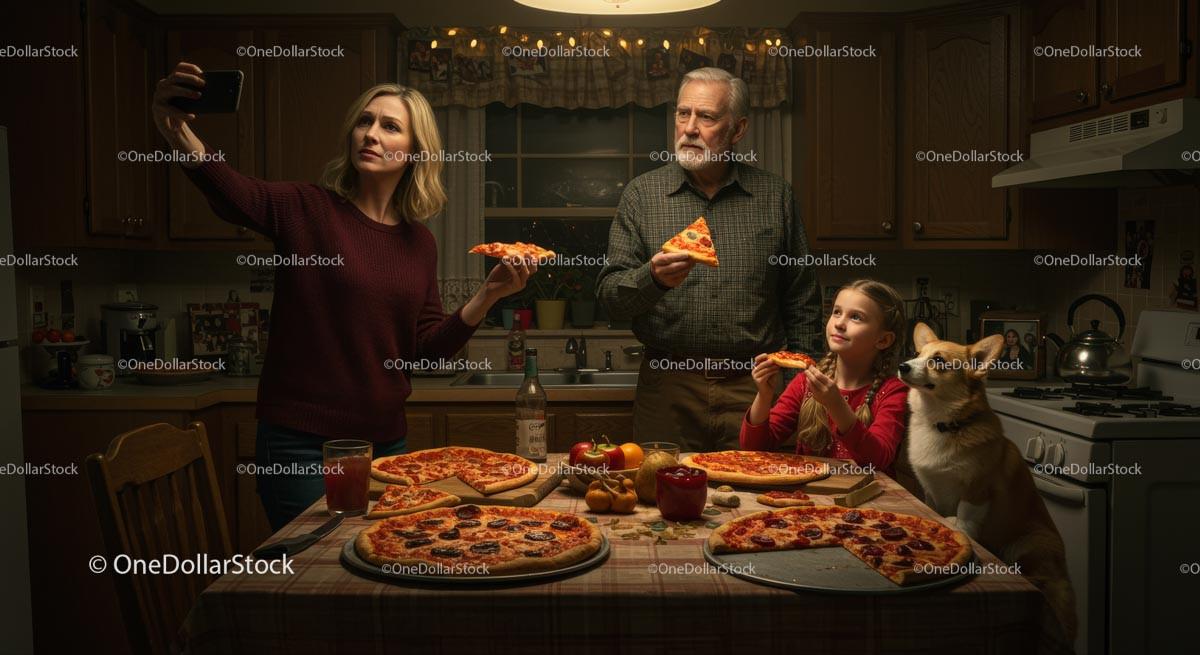Family Enjoying Pizza Night in a Cozy Kitchen Setting