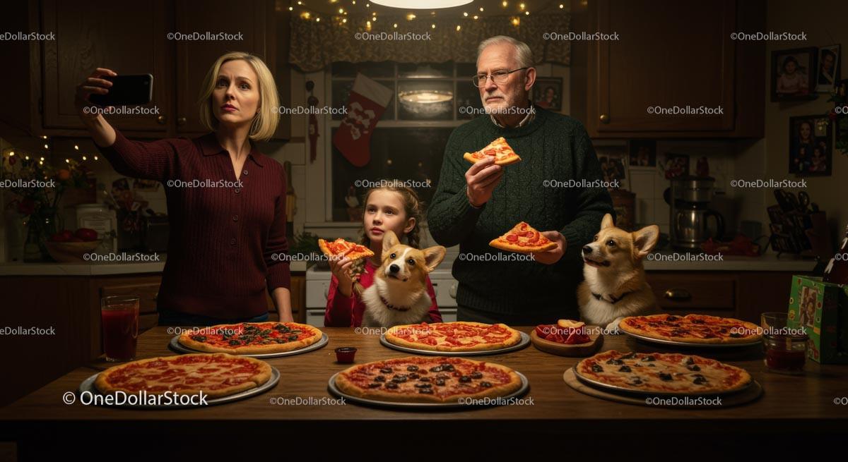 Family Enjoying Pizza Night with Cozy Holiday Vibes Stock Photo Bundle preview 24