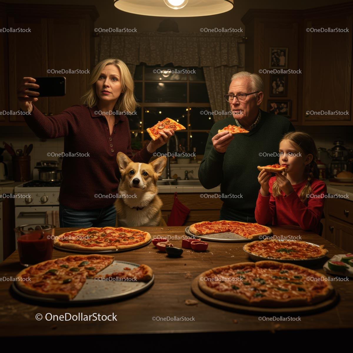 Family Enjoying Pizza Night with Corgi in Cozy Kitchen