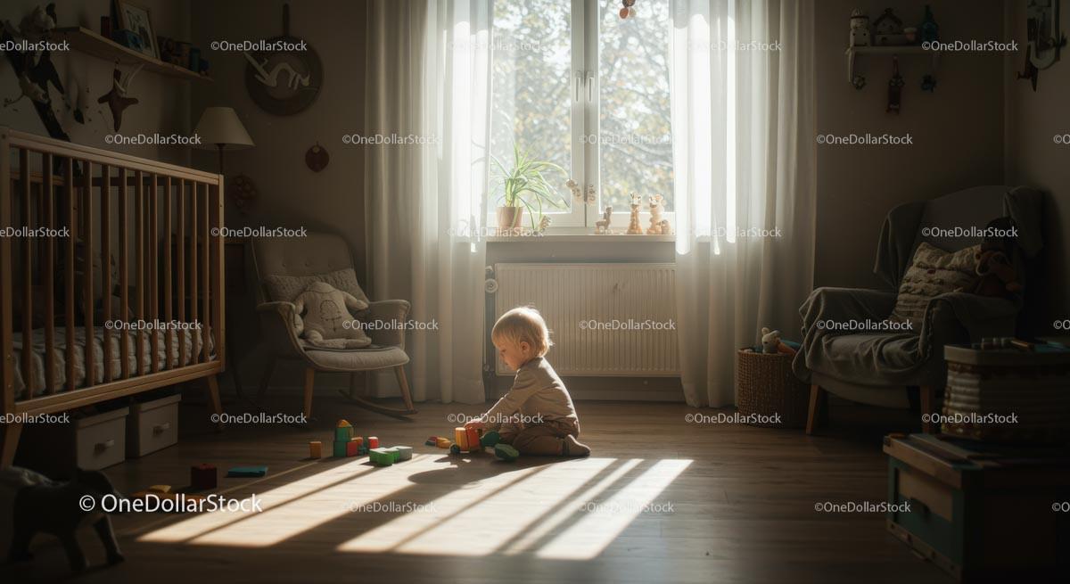 Toddler Playing with Wooden Toys in Sunlit Nursery