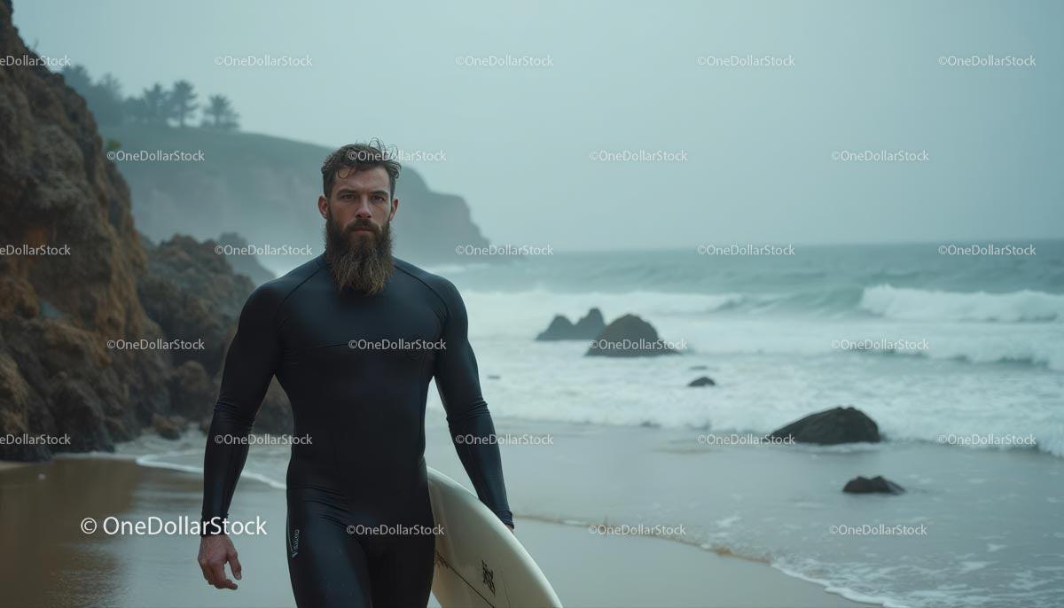 Surfer in Black Wetsuit Walking on a Misty Beach