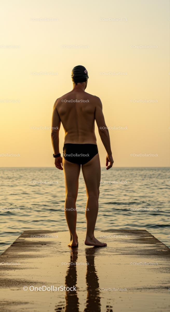 Swimmer Standing on Diving Board at Sunset