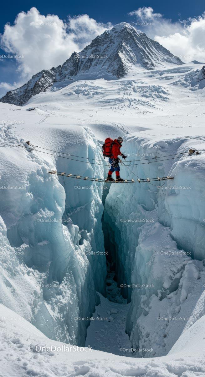 Mountaineer Crossing Glacial Crevasse on Snowy Mountain