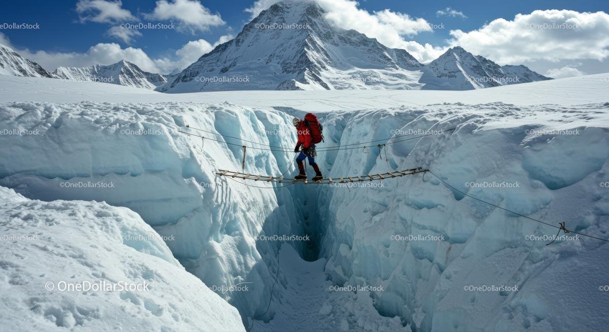 Mountaineer Crossing Rope Bridge Over Ice Crevasse