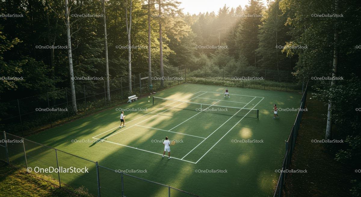 Sunlit Tennis Court Amidst Lush Green Forest