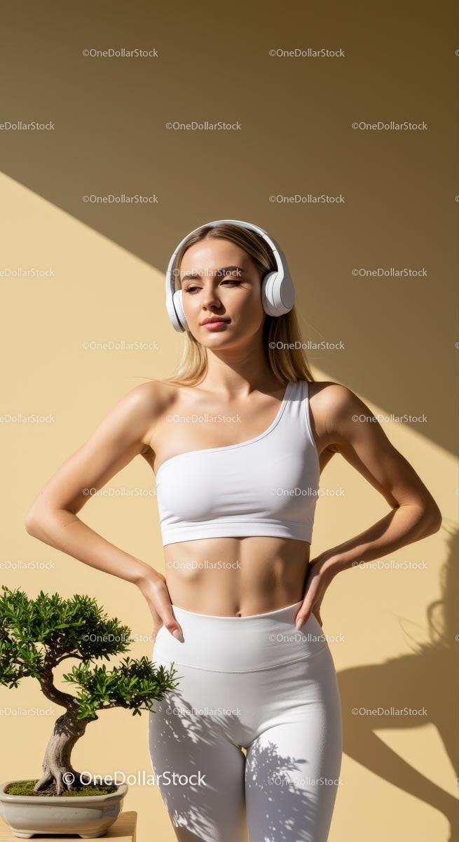 Woman in White, Yellow, Brown or Green Activewear Relaxing with Headphones 19 JPG Files digital asset preview