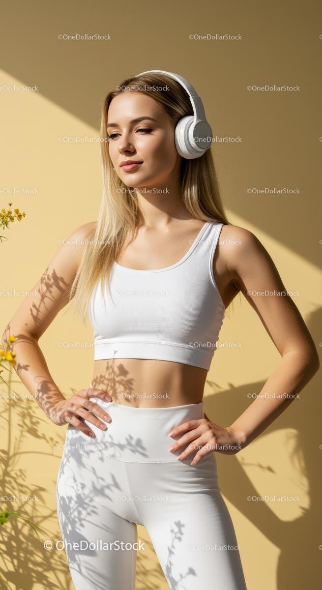 Woman in White, Yellow, Brown or Green Activewear Relaxing with Headphones Stock Photo Bundle creative preview 4