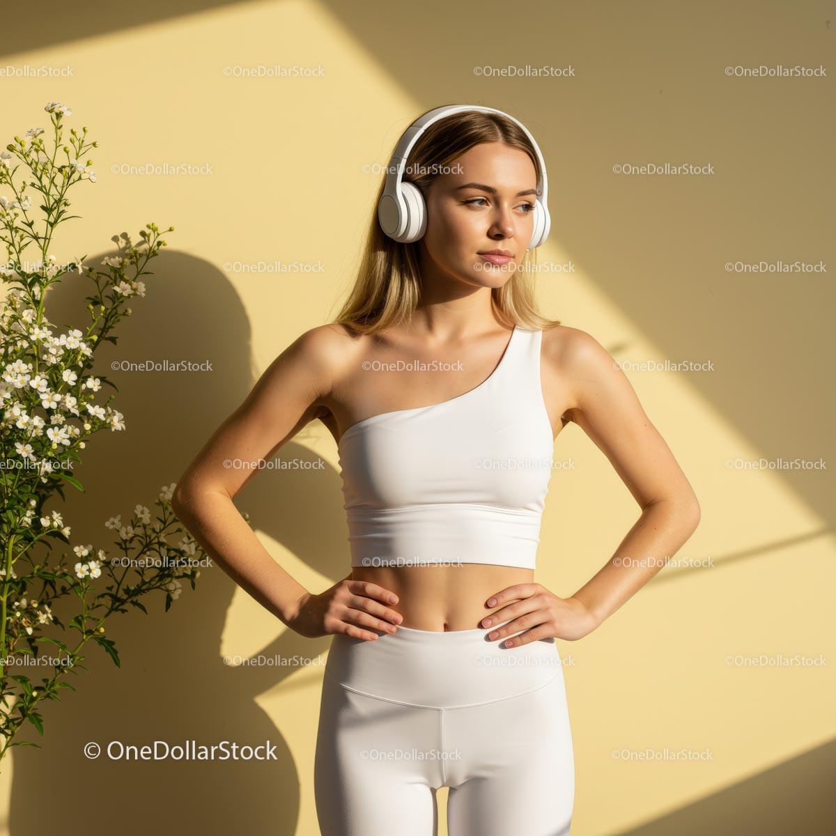 Woman in White Outfit with Headphones by Blossoming Plant