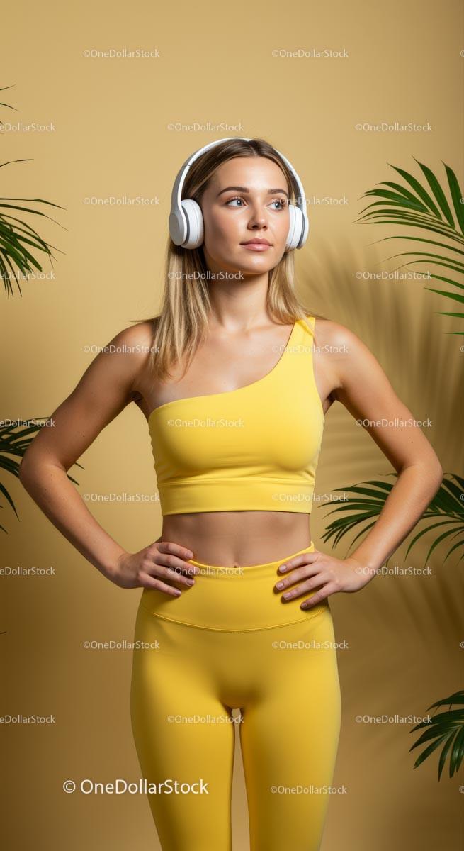 Confident Woman in Yellow Sportswear With Headphones