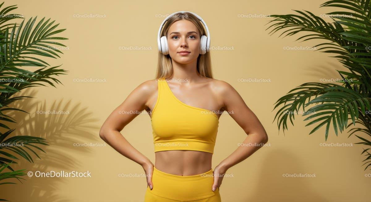 Confident Woman in Yellow Fitness Wear with Headphones