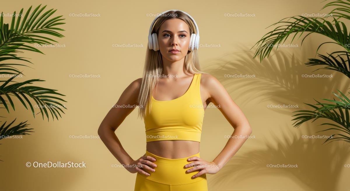 Fit Woman in Yellow Outfit with Headphones Amidst Palm Leaves