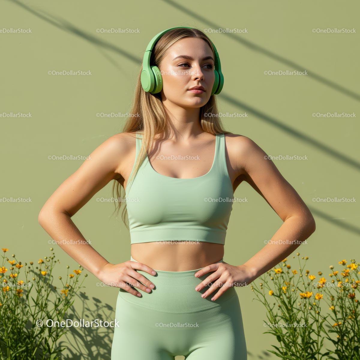 Active Woman in Green Athletic Wear with Headphones