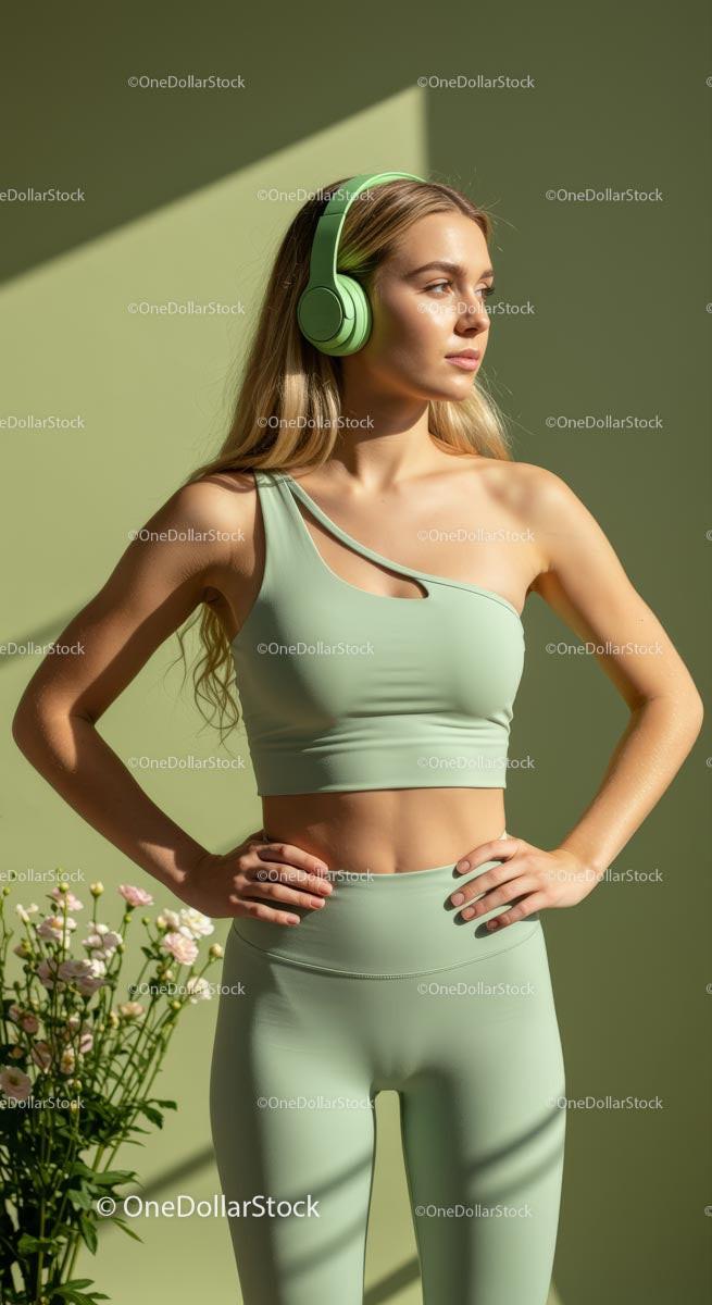 Blonde Woman in White, Yellow, Brown or Green Workout Outfit with Headphones Stock Photo Bundle preview 11