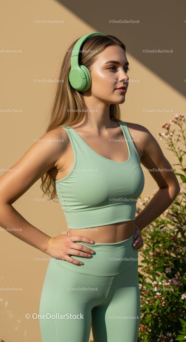 Young Woman in Green Sportswear Enjoying Music Outdoors