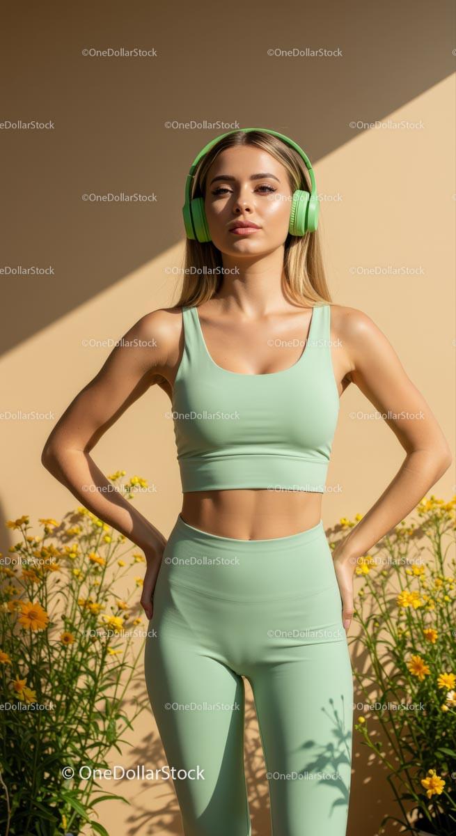 Woman in Mint Activewear with Headphones in Sunny Garden