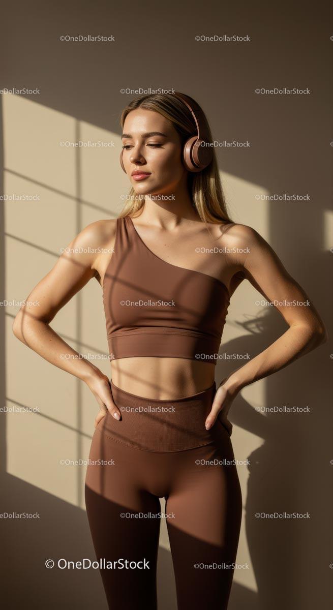 Blonde Woman in White, Yellow, Brown or Green Workout Outfit with Headphones Stock Photo Bundle preview 14