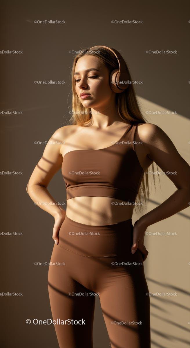 Blonde Woman in White, Yellow, Brown or Green Workout Outfit with Headphones Stock Photo Bundle preview 17