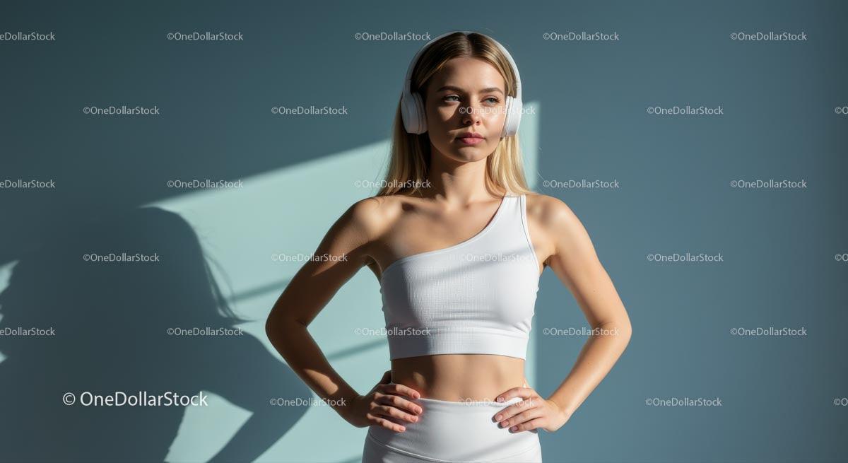 Young Woman in White Outfit with Headphones Enjoying Music