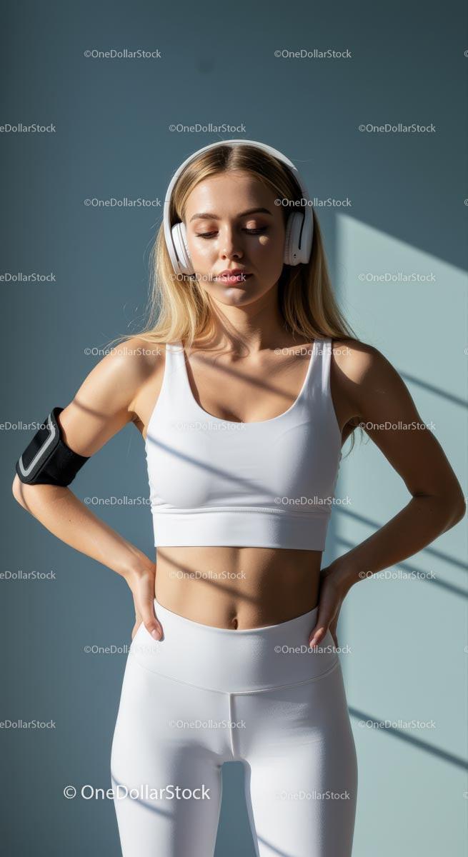 Woman in White, Yellow, Brown or Green Activewear Relaxing with Headphones Stock Photo Bundle preview 16