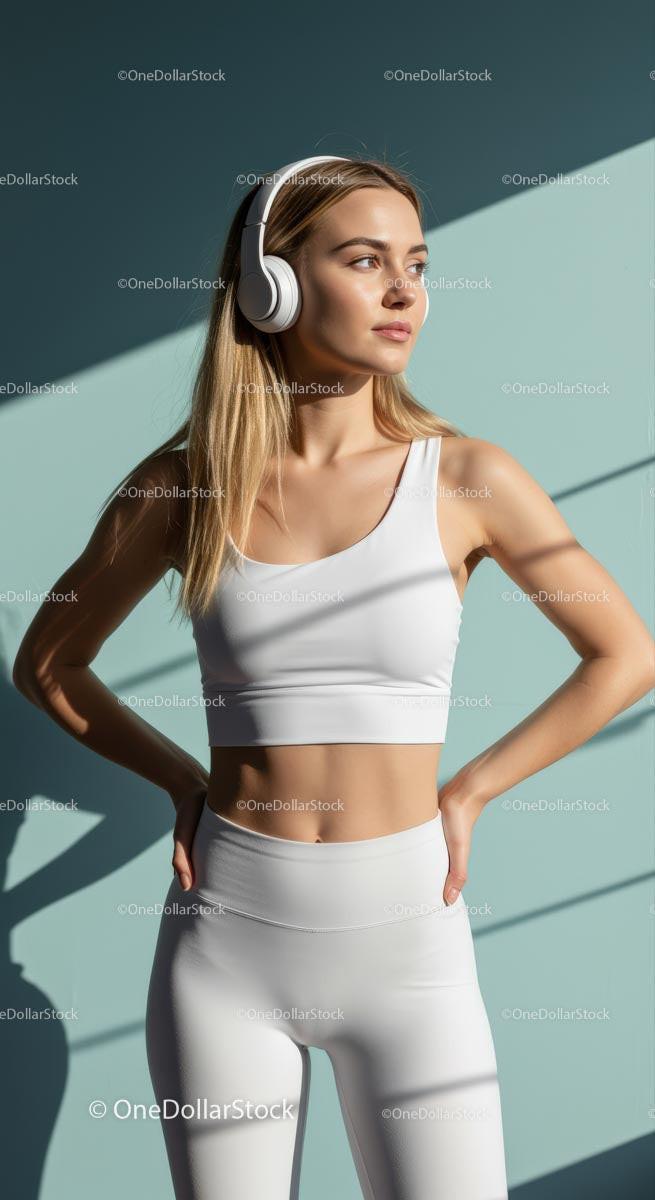 Woman in White, Yellow, Brown or Green Activewear Relaxing with Headphones Stock Photo Bundle preview 17