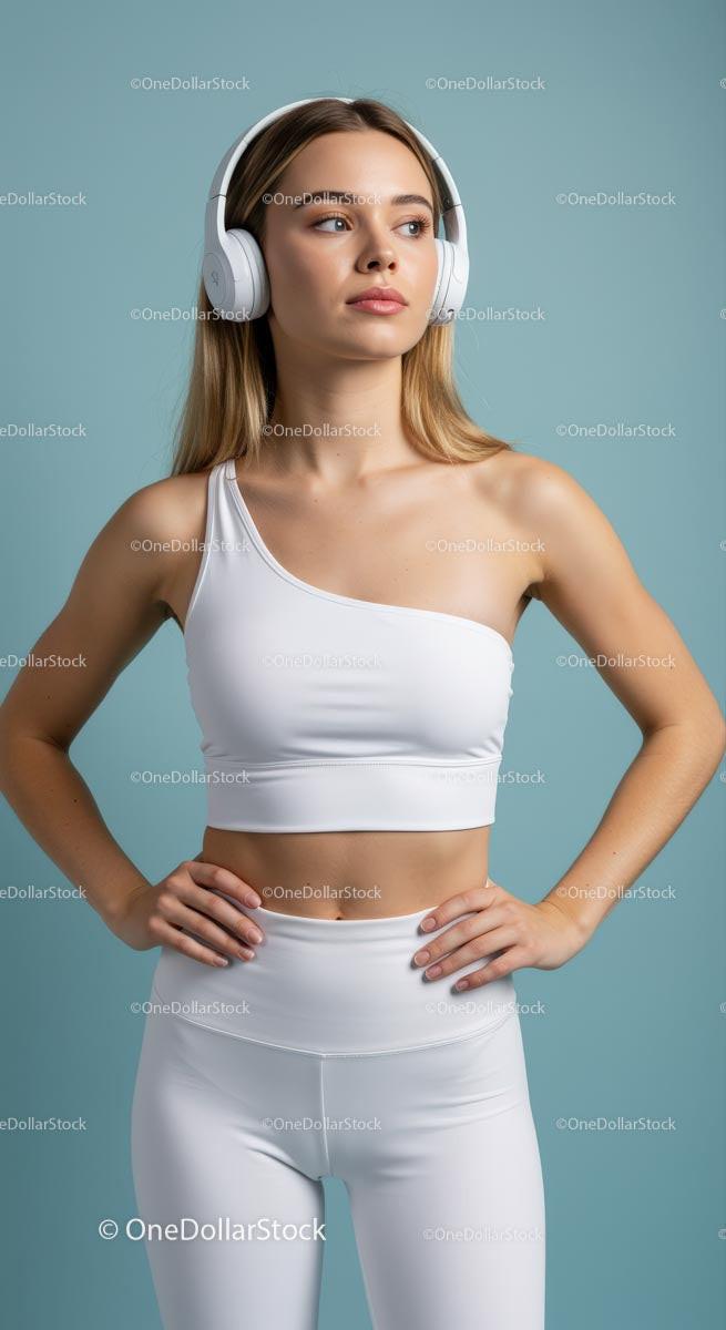 Blonde Woman in White, Yellow, Brown or Green Workout Outfit with Headphones Stock Photo Bundle preview 19
