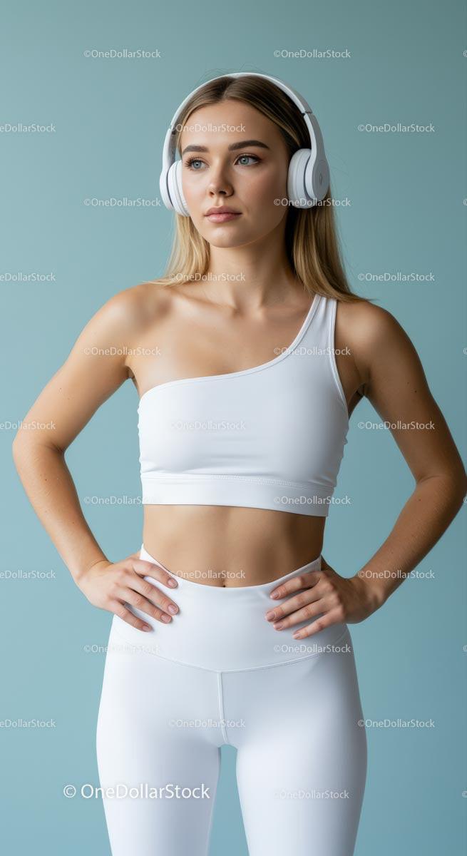 Athletic Woman in White Sportswear with Headphones