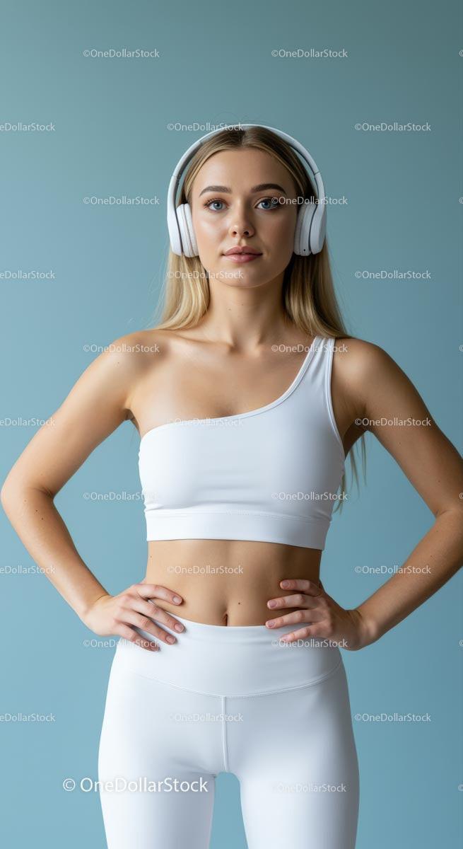Woman in White, Yellow, Brown or Green Activewear Relaxing with Headphones Stock Photo Bundle preview 18