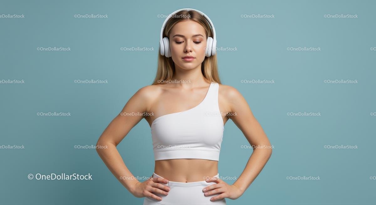Sporty Woman in White Outfit with Headphones