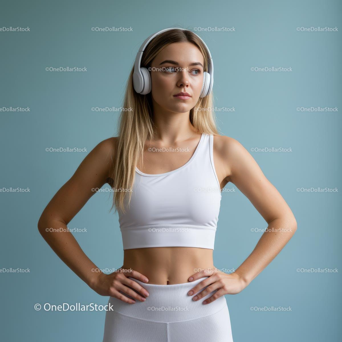 Focused Woman in White Sportswear with Headphones