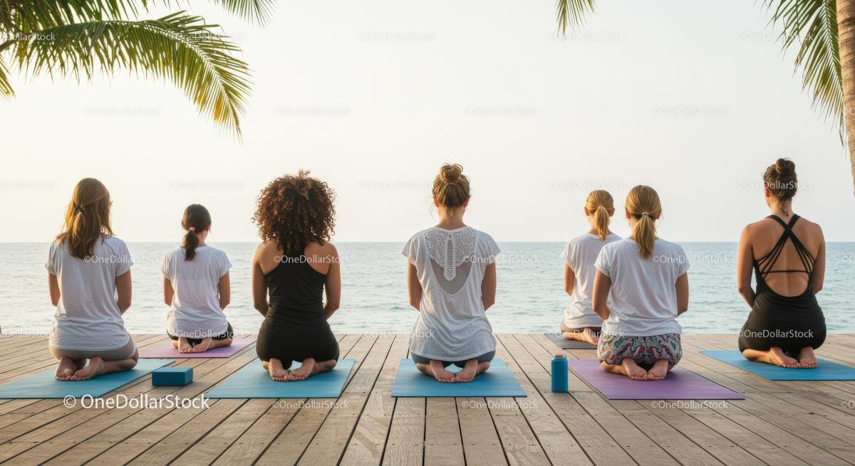 Group Yoga Session by the Ocean Under Palm Trees