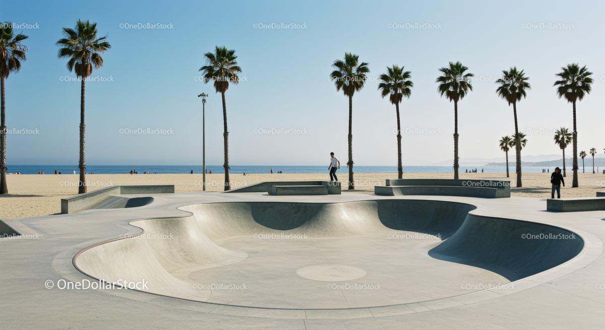 Skateboarder Enjoying Sunny Skatepark by the Beach Stock Photo Bundle preview
