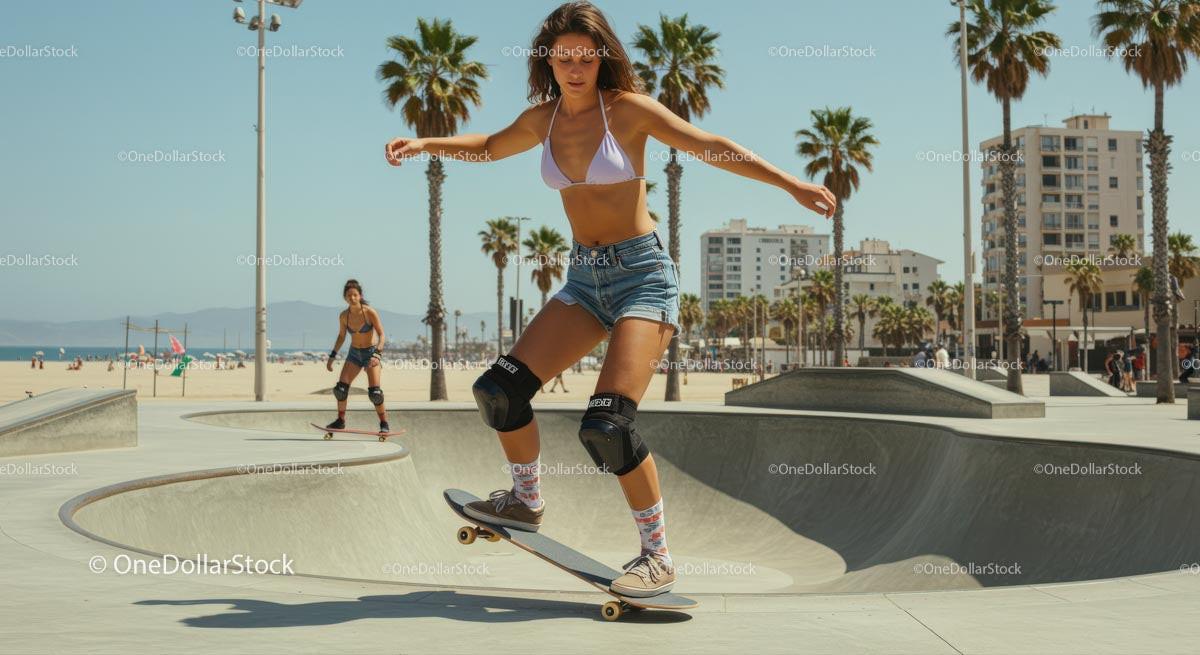 stock photo bundle made with Young Woman Skateboarding in Beachside Skate Park Stock Photo Bundle