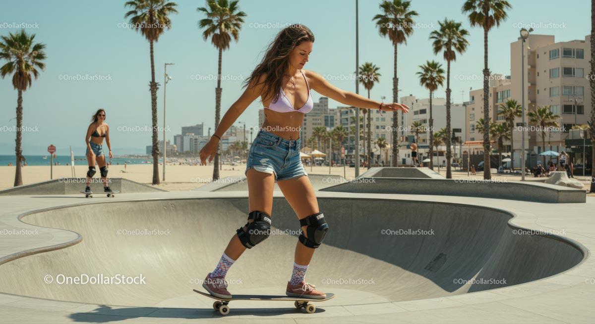 Young Woman Skateboarding in Beachside Skate Park Stock Photo Bundle preview 7