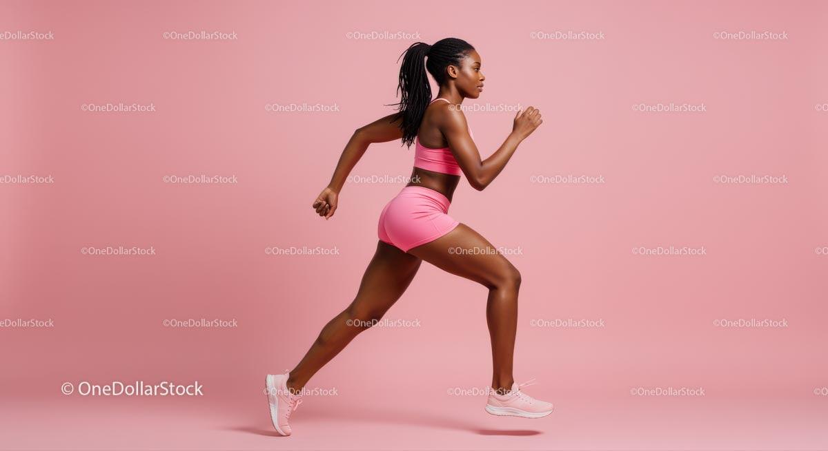 Athletic Woman Running in Pink Sportswear on Pink Background