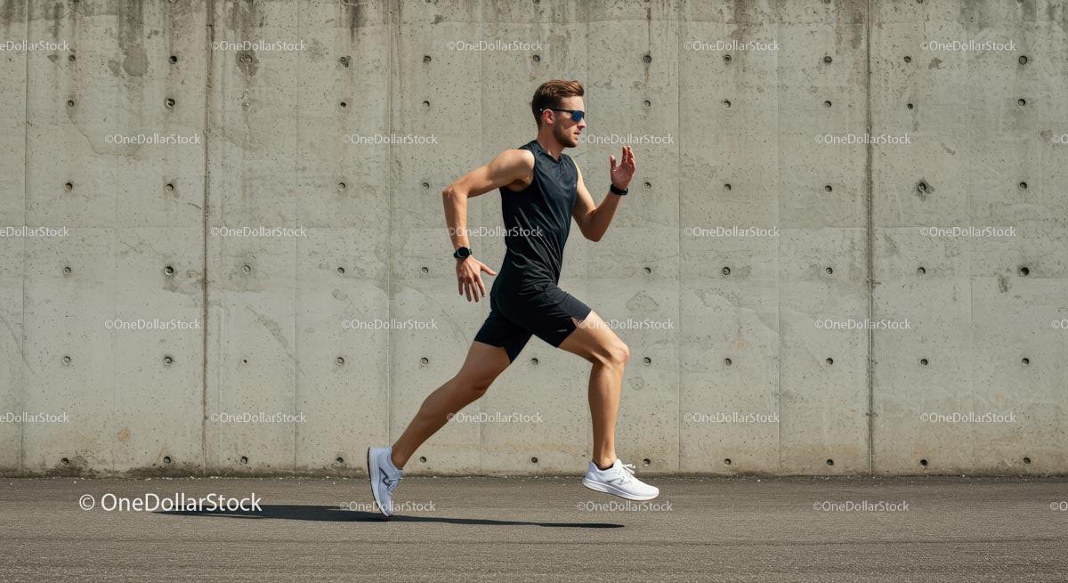 Male Athlete Running Against Concrete Wall on Sunny Day Stock Photo Bundle preview