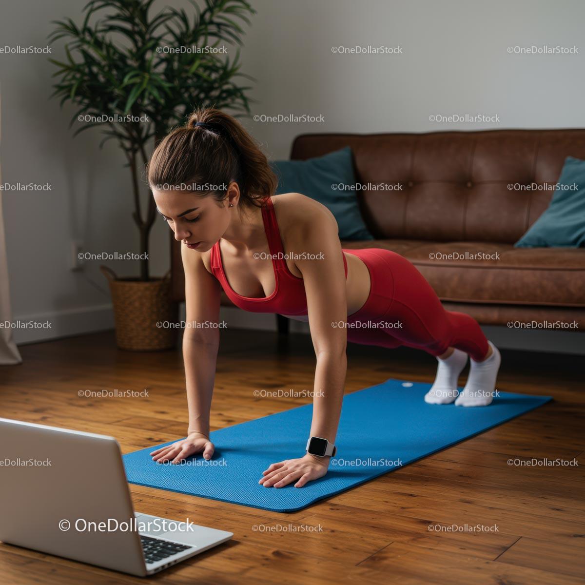 Woman Exercising on Yoga Mat in Cozy Living Room