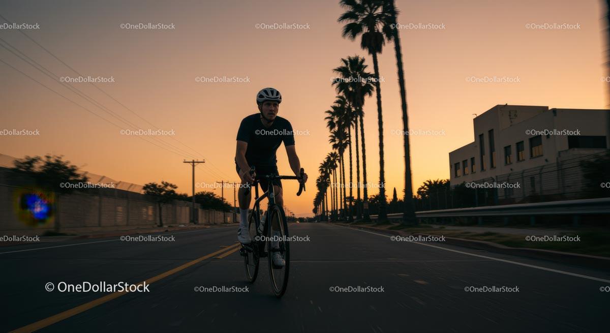 Cyclist Riding Along Palm-Lined Road at Sunset